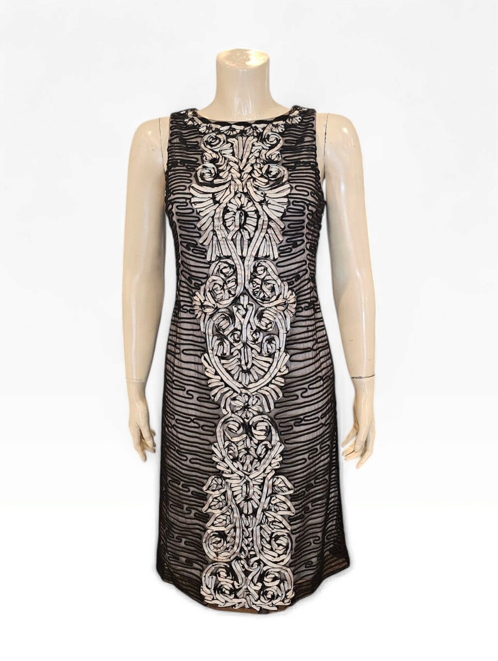 SUE WONG Nocturne Vtg Y2K Black Silver Ribbon Embroidered Mesh Sheath Dress 4
